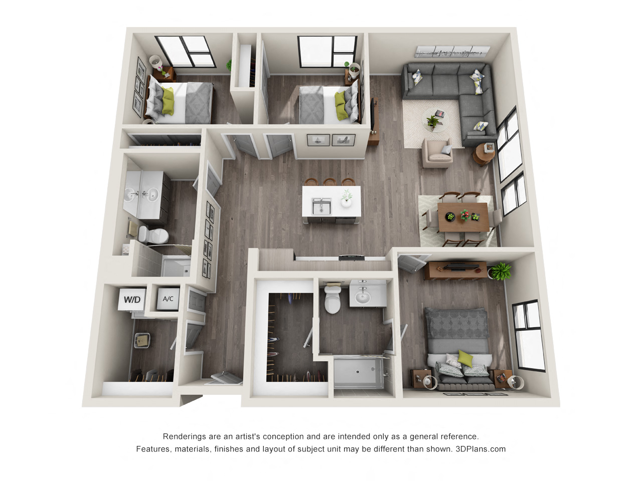 Floor plan for 3 beds, 2 baths, 1326 sqft
